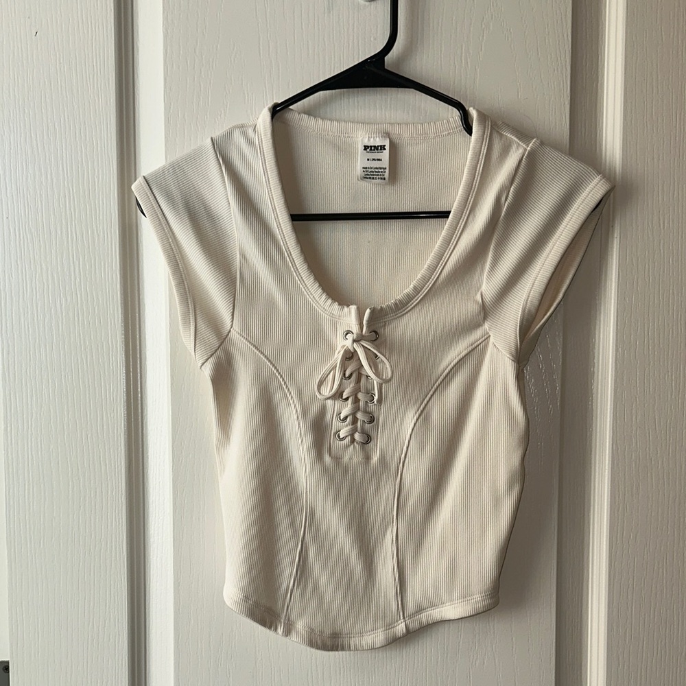 PINK Victoria's Secret Cream Lace-Up Crop Top